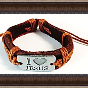Handmade Brown Leather I Love Jesus Bracelet